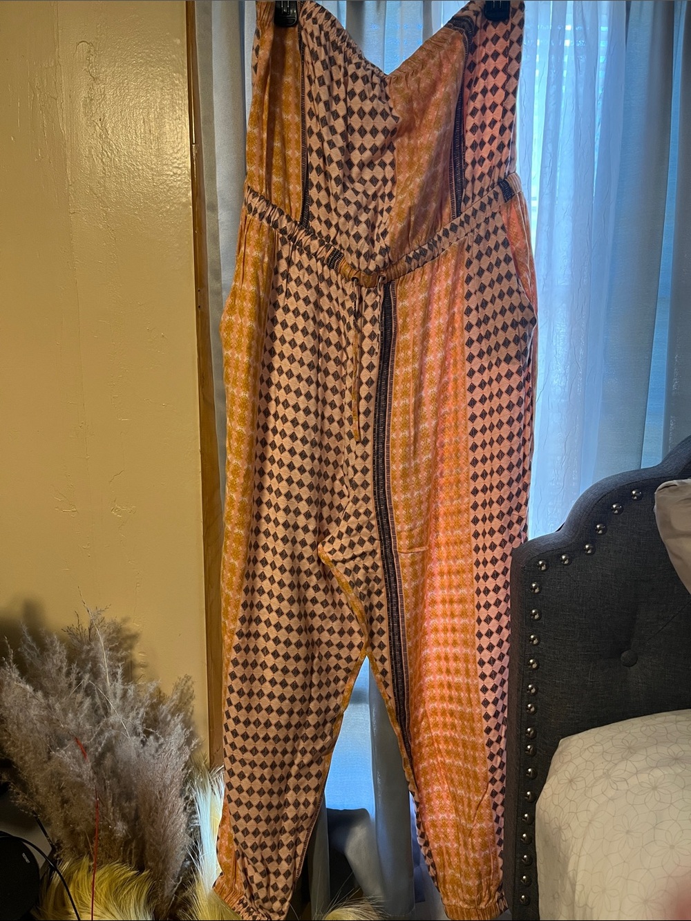 Forever 21 Orange and Cream Geometric Jumpsuit
